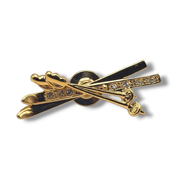 Avon Gold Tone Lapel Pin Tie Tack Skis Poles Rhinestone - Picture 1 of 7